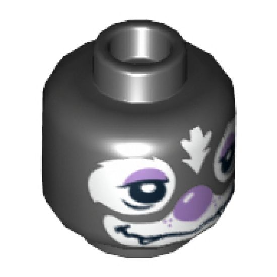 Minifigure, Head Dual Sided Alien Chima Skunk with Medium Lavender Eyebrows and Nose, White Fur, Happy / Sleepy Pattern (Skinnet) - Hollow Stud