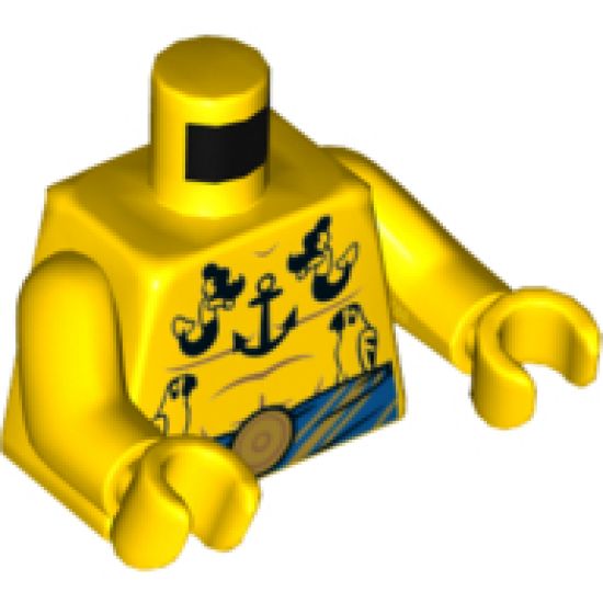 Torso Bare Chest Muscles Outline and Parrots, Mermaids and Anchor Tattoos with Blue Belt Pattern / Yellow Arms / Yellow Hands
