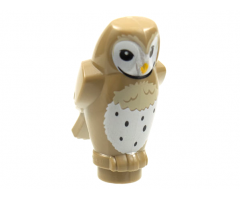 Owl, Angular Features with Yellow Beak, Black Eyes and Dark Tan and White Chest Feathers Pattern