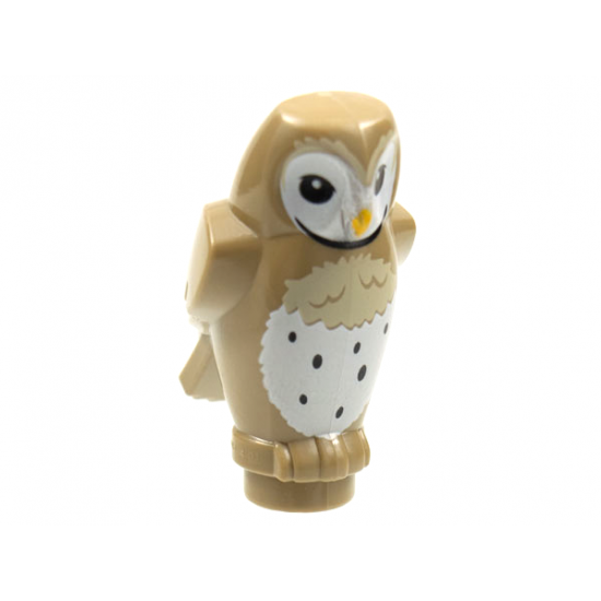 Owl, Angular Features with Yellow Beak, Black Eyes and Dark Tan and White Chest Feathers Pattern