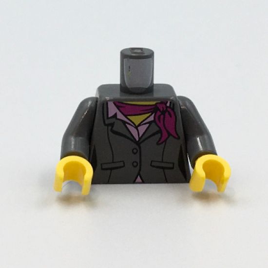 Torso Suit Jacket, Two Buttons, Pink Shirt and Magenta Scarf Pattern, Black Vertical Lines / Dark Bluish Gray Arms / Yellow Hands