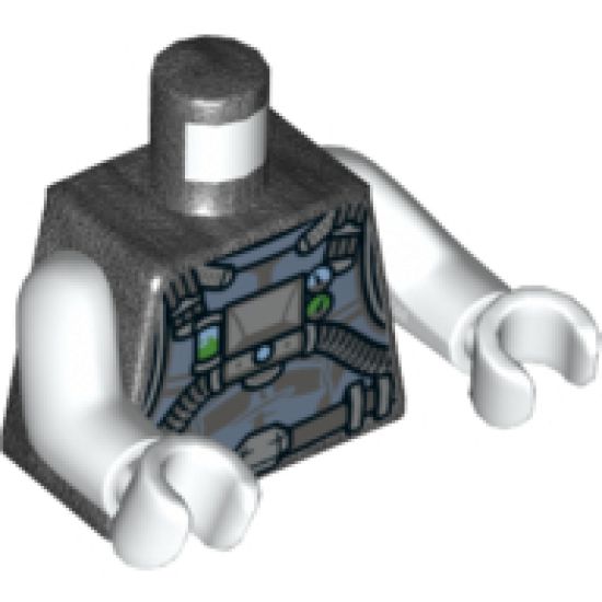 Torso Armor with Sand Blue Highlights, Dark Bluish Gray Hoses, Silver Gear and Buckle Pattern / White Arms / White Hands