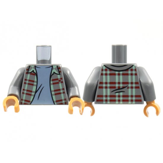 Torso Jacket, Sand Green and Dark Red Plaid, Sand Blue T-Shirt Pattern / Dark Bluish Gray Arms / Medium Nougat Hands