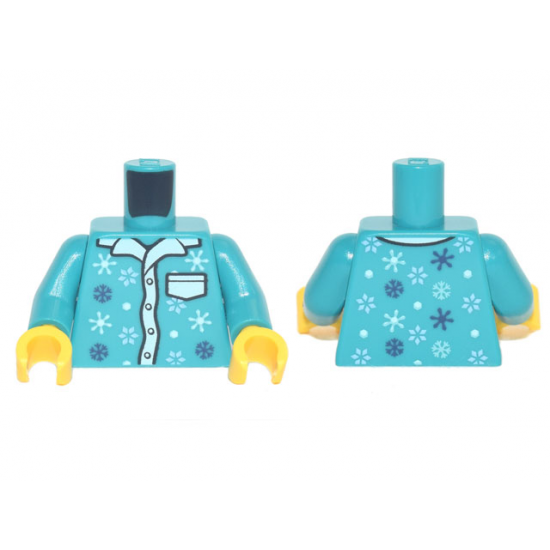 Torso Pajamas 4 Buttons, White Collar and Pocket, Snowflakes Pattern / Dark Turquoise Arms / Yellow Hands