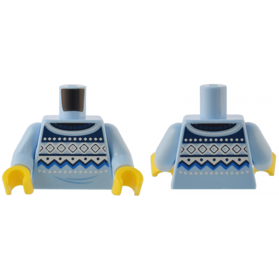 Torso Knit Fair Isle Sweater with Blue, Dark Blue, and White Geometric Shapes and Zigzag Lines Pattern / Bright Light Blue Arms / Yellow Hands