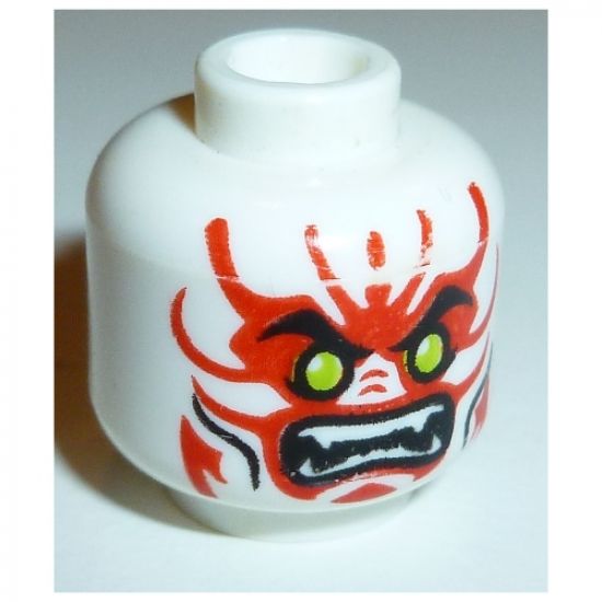 Minifigure, Head Alien with Lime Eyes, White Fangs, Red Face Decorations and Black Mouth and Cheek Lines Pattern - Hollow Stud