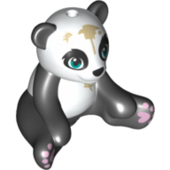 Panda, Friends, Sitting with Dark Turquoise Eyes, Lavender Paws, White Head and Stomach and Tan Dirt Stains Pattern