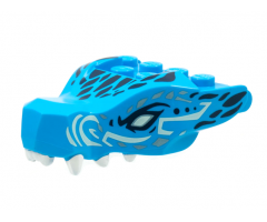 Dragon Head (Ninjago) Jaw with 2 Bar Handles on Back with Light Aqua Eyes, White Teeth, and Black and Metallic Light Blue Scales Pattern