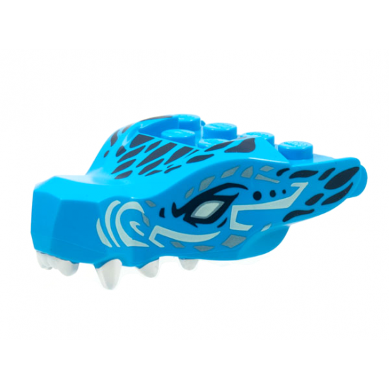 Dragon Head (Ninjago) Jaw with 2 Bar Handles on Back with Light Aqua Eyes, White Teeth, and Black and Metallic Light Blue Scales Pattern