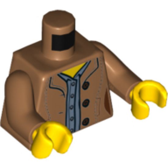 Torso, Female Jacket with 3 Reddish Brown Buttons, Sand Blue Shirt Pattern / Medium Nougat Arms / Yellow Hands