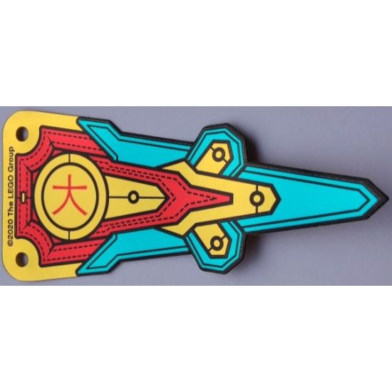 Plastic Part for Set 80012 - Pennant Flag with Red Band, Black Stitching, Dark Turquoise and Gold Panels, and Chinese Logogram '?' (Big) Pattern