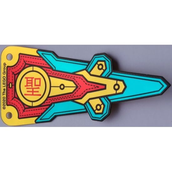 Plastic Part for Set 80012 - Pennant Flag with Red Band, Black Stitching, Dark Turquoise and Gold Panels, and Chinese Logogram '?' (Saint) Pattern