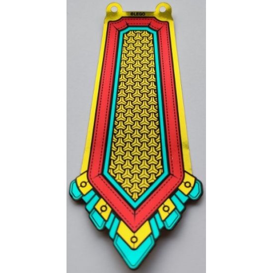 Plastic Part for Set 80012 - Armor Skirt Center with Dark Turquoise and Red Bands, Black Stitching, and Gold Chain Mail Pattern