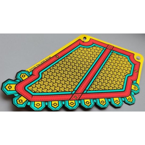 Plastic Part for Set 80012 - Armor Skirt Right with Dark Turquoise and Red Bands, Black Stitching, and Gold Chain Mail Pattern