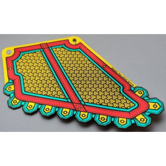 Plastic Part for Set 80012 - Armor Skirt Left with Dark Turquoise and Red Bands, Black Stitching, and Gold Chain Mail Pattern