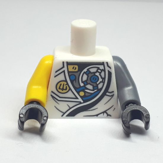 Torso Ninjago Robe with Exposed Mechanical Parts, Ninjago Logogram 'Z', and Gold Lion on Back Pattern / Flat Silver Arm Left / Yellow Arm Right / Black Hand