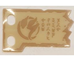 Plastic Part for Sets 70673, 70674, 70675, 70676, 70677, 70678, and 70684 - Tan Tattered Flag with Dark Tan Border, Ninjago Logogram Letter S and 'THE FORBIDDEN ART' Pattern