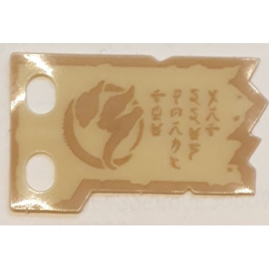 Plastic Part for Sets 70673, 70674, 70675, 70676, 70677, 70678, and 70684 - Tan Tattered Flag with Dark Tan Border, Ninjago Logogram Letter S and 'THE FORBIDDEN ART' Pattern