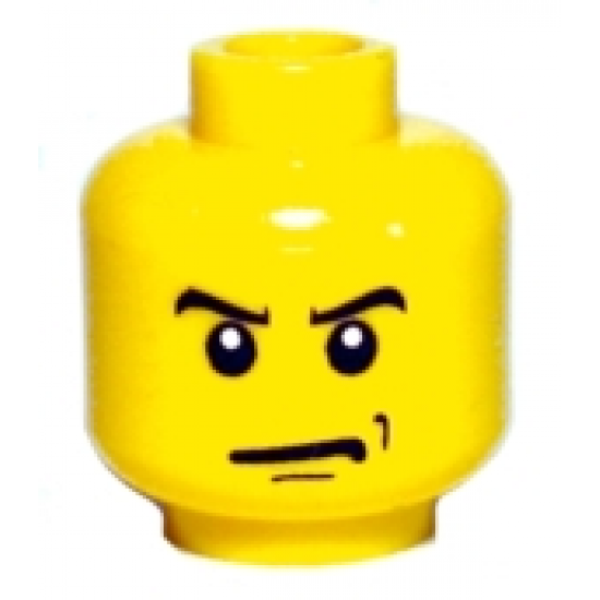 Minifigure, Head Male Angry Eyebrows and Scowl, Black Chin and Left Cheek Dimples Pattern