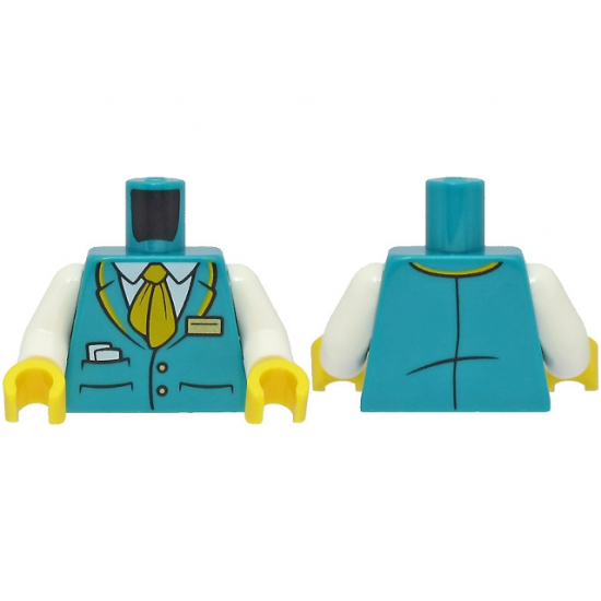 Torso Suit Jacket with 2 Buttons and Pockets with Paper over White Shirt, Bright Light Orange Tie and Collar, Gold Badge Pattern / White Arms / Yellow Hands