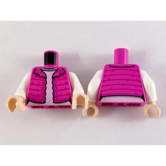 Torso Female Puffy Coat Open with Magenta Gathers and Silver Buttons over White Shirt with Light Bluish Gray Collar Pattern / White Arms / Light Nougat Hands
