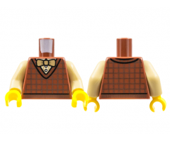 Torso Cardigan Sweater, Dark Brown Crisscross Stripes, White Shirt, Tan Bow Tie Pattern / Tan Arms / Yellow Hands