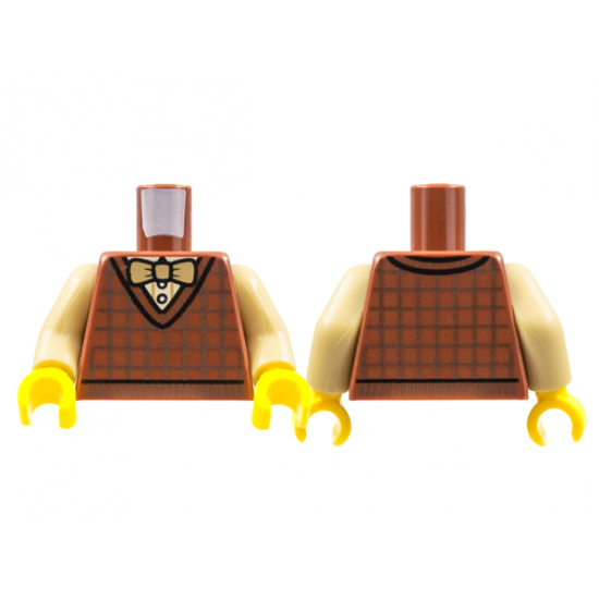 Torso Cardigan Sweater, Dark Brown Crisscross Stripes, White Shirt, Tan Bow Tie Pattern / Tan Arms / Yellow Hands