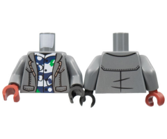 Torso Jacket Open over Dark Blue and White Shirt Pattern / Dark Bluish Gray Arms / Black Hand Left / Dark Red Hand Right