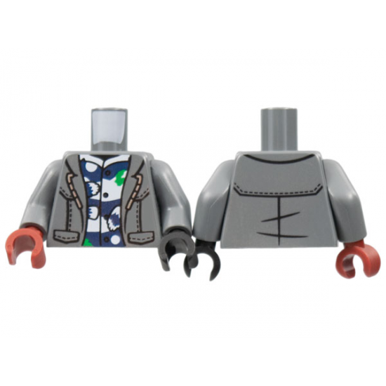 Torso Jacket Open over Dark Blue and White Shirt Pattern / Dark Bluish Gray Arms / Black Hand Left / Dark Red Hand Right
