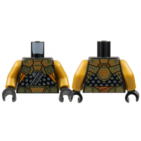 Torso Tunic, Dark Bluish Gray Trim, Gold Shoulder Armor and Belt with Orange Trim, Ninjago Logogram 'C' on Back Pattern / Pearl Gold Arms / Black Hands