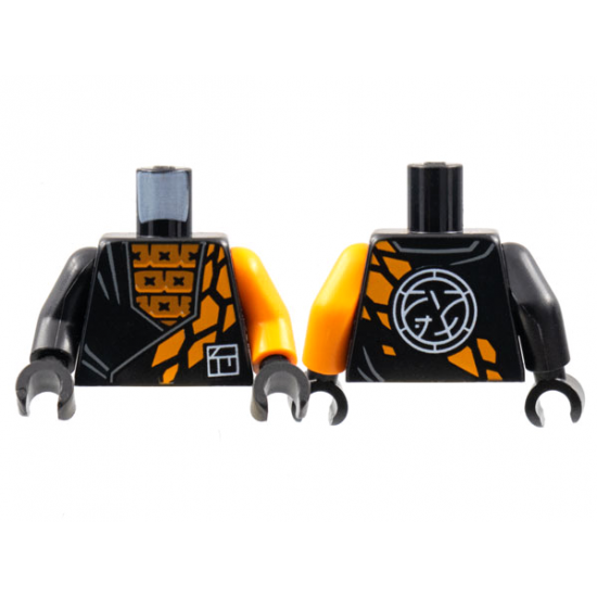 Torso Tunic over Orange Squares, Stone Scales, White Ninjago Logogram 'C', Core Logo on Back Pattern / Orange Arm Left / Black Arm Right / Black Hands