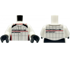 Torso Racing Suit with 'PORSCHE MOTORSPORT', Black and Red Stripes, and Silver Lines and Stitching Pattern / White Arms / Black Hands