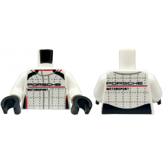 Torso Racing Suit with 'PORSCHE MOTORSPORT', Black and Red Stripes, and Silver Lines and Stitching Pattern / White Arms / Black Hands