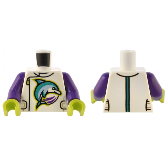 Torso Jacket with Dark Turquoise and Bright Light Blue Dolphin, Side Zipper, Straps, and Stripe Pattern / Dark Purple Arms / Lime Hands