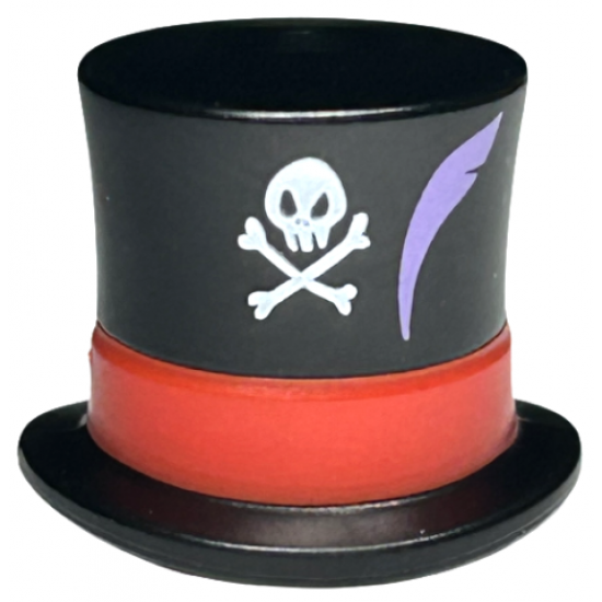Minifigure, Headgear Hat, Top Hat Large with Molded Red Band and Printed White Skull, Crossbones, and Medium Lavender Feather Pattern