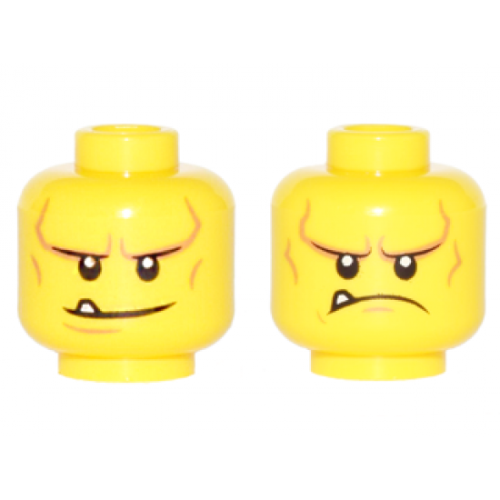 Minifigure, Head Dual Sided Black Eyebrows, White Pupils, Chin Dimple and Cheek Lines, Smile with Tooth / Frown Angry Pattern