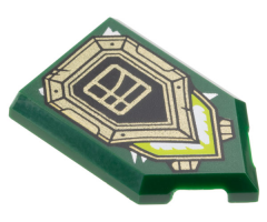 Tile, Modified 2 x 3 Pentagonal with Black and Gold Shield, Ninjago Logogram Letter L in Square, and Lime and White Light Pattern
