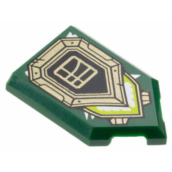 Tile, Modified 2 x 3 Pentagonal with Black and Gold Shield, Ninjago Logogram Letter L in Square, and Lime and White Light Pattern