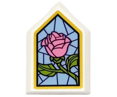 Tile, Modified 2 x 3 Pentagonal with Stained Glass Window with Dark Pink and Lime Rose on Medium Blue Background with Gold Frame Pattern (Sticker) - Set 43177