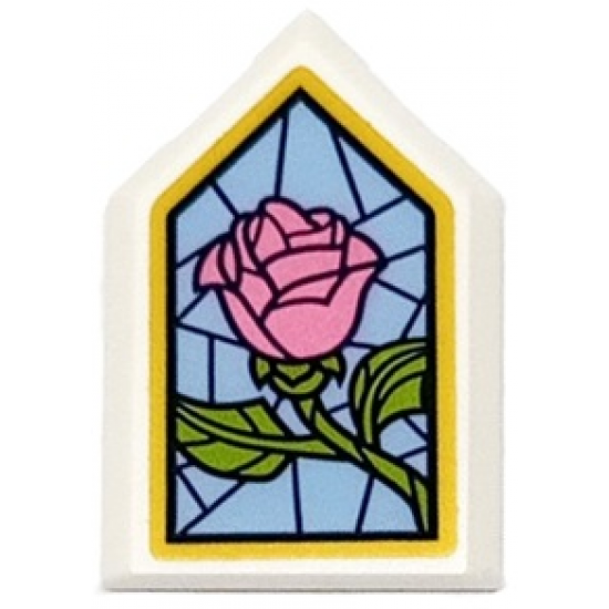 Tile, Modified 2 x 3 Pentagonal with Stained Glass Window with Dark Pink and Lime Rose on Medium Blue Background with Gold Frame Pattern (Sticker) - Set 43177