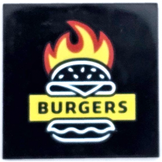 Tile 4 x 4 with Red and Yellow Flames, White Burger Outline and 'BURGERS' Pattern