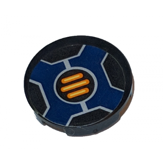 Tile, Round 2 x 2 with Bottom Stud Holder with Three Orange Bars inside Dark Blue Cross Pattern (Sticker) - Set 70326