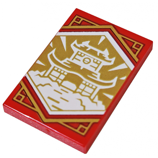 Tile 2 x 3 with White Dojo Temple on Gold Background with Gold Trim Pattern (Ninjago Wisdom Banner)