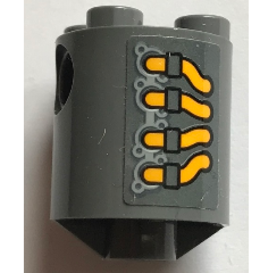 Brick, Round 2 x 2 x 2 Robot Body with Bottom Axle Holder (x Shape / + Orientation) with Yellow and Dark Bluish Gray Vehicle Exhaust Pipes Pattern on Both Sides (Stickers) - Set 70913