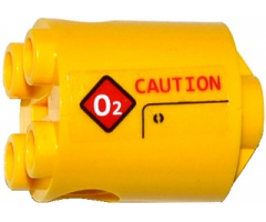 Brick, Round 2 x 2 x 2 Robot Body with Bottom Axle Holder (x Shape / + Orientation) with Red 'CAUTION' and Diamond Warning Sign with White 'O2' Pattern Model Left Side (Sticker) - Set 60092