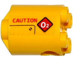 Brick, Round 2 x 2 x 2 Robot Body with Bottom Axle Holder (x Shape / + Orientation) with Red 'CAUTION' and Diamond Warning Sign with White 'O2' Pattern Model Right Side (Sticker) - Set 60092