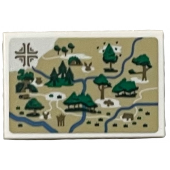 Tile 2 x 3 with Tan Map of The Hundred Acre Wood with River and Green Trees Pattern (Sticker) - Set 21326