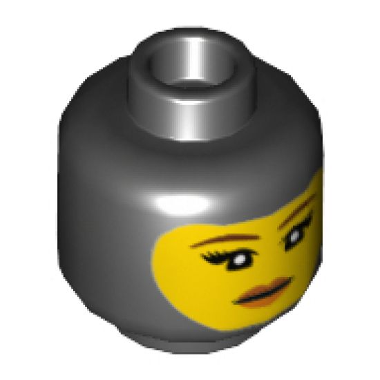 Minifigure, Head Female Balaclava with Yellow Face, Black Eyelashes, Tapered Eyebrows, Neutral Expression Pattern - Hollow Stud