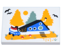 Tile 2 x 3 with Blue Cabin with Round Door and Windows, Bright Light Orange and Sand Green Trees Pattern