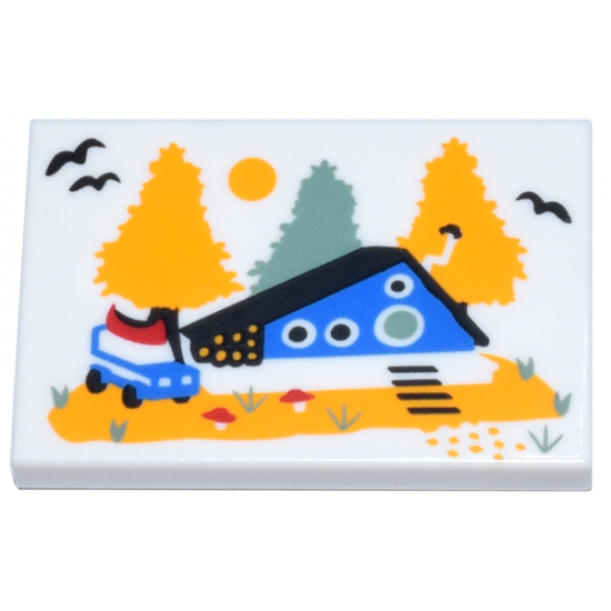 Tile 2 x 3 with Blue Cabin with Round Door and Windows, Bright Light Orange and Sand Green Trees Pattern